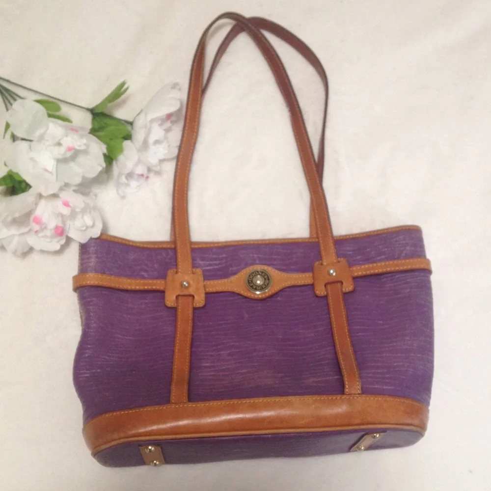 Dooney & Bourke Purple and Light Brown Shoulder Tote Bag - Picture 1 of 16